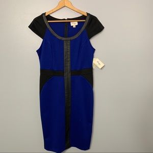 Black/Blue Faux Leather Trim Cap Sleeve Dress
